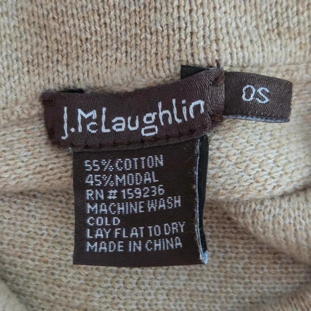 J.McLaughlin Tan Beige Mock Neck Fringe Poncho Chain Link Border One Size